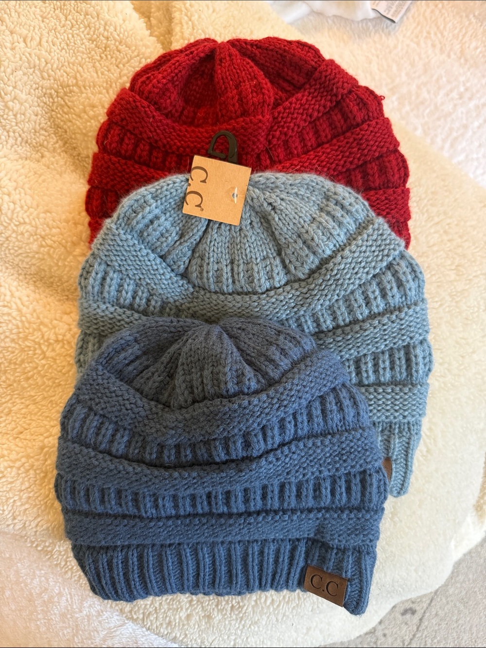 C.C Women three pack brand new Knit Beanie Trio - Red, Light Blue, Blue